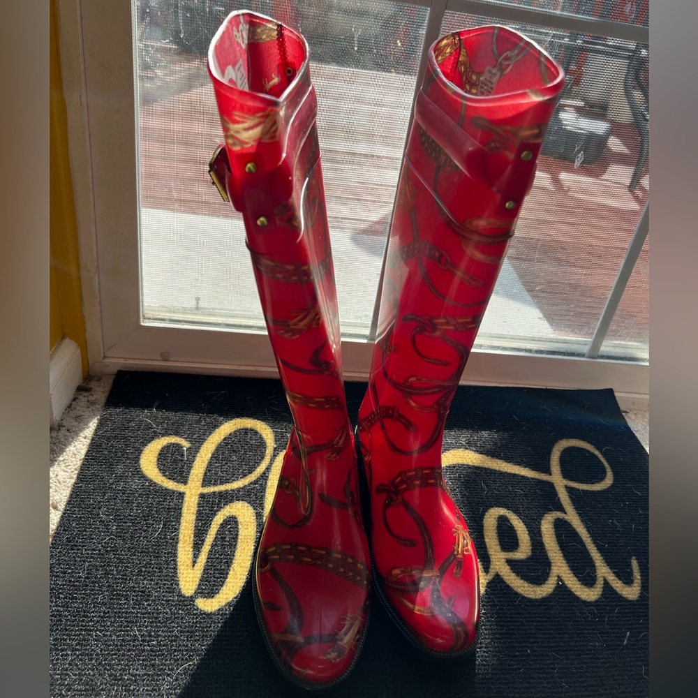 Tall, red, rubber Ralph Lauren rain boots